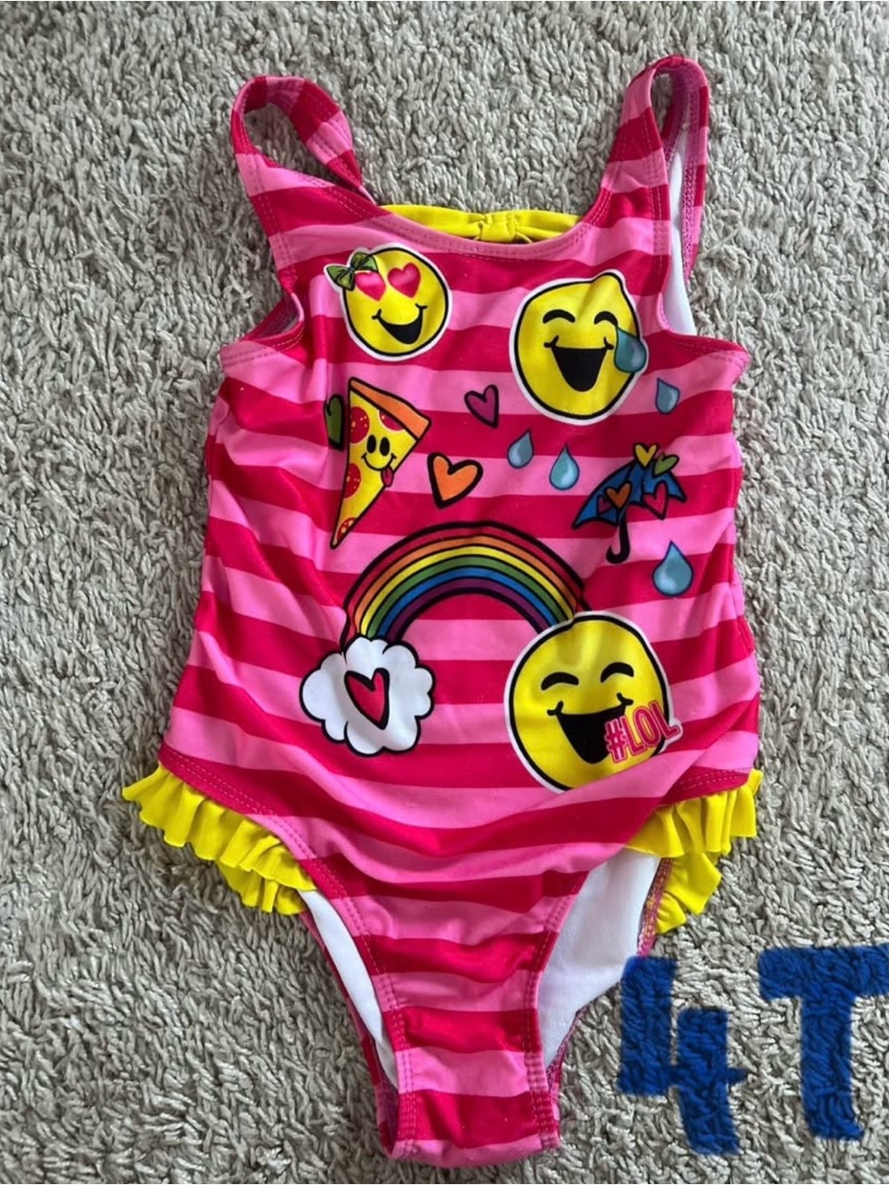 Girls Pink Striped Emoji One-Piece Swimsuit with Yellow Ruffle